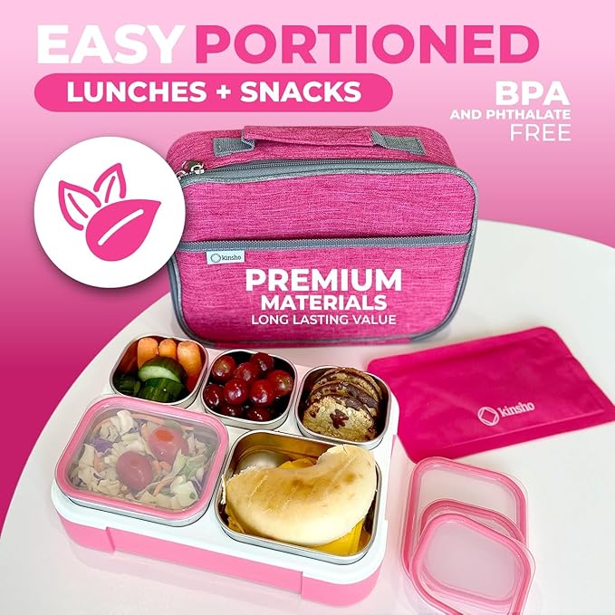 kinsho Stainless Steel Bento Lunch Box Set for Adults, Kids - Insulated Bag and Ice Pack - Leak-Proof Metal Compartment Meal Prep Food & Snack Containers for Work Travel School Daycare, 34 oz Pink