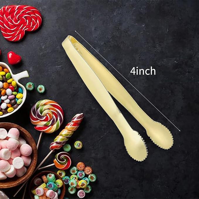 MSY BIGSUNNY 4 Inch Sugar Cube Tongs, Stainless Steel Mini Appetizer Tongs, Small Serving Tongs Tiny Food Clips for Tea Party, Coffee, Bar, Desserts - Set of 4 (Gold)