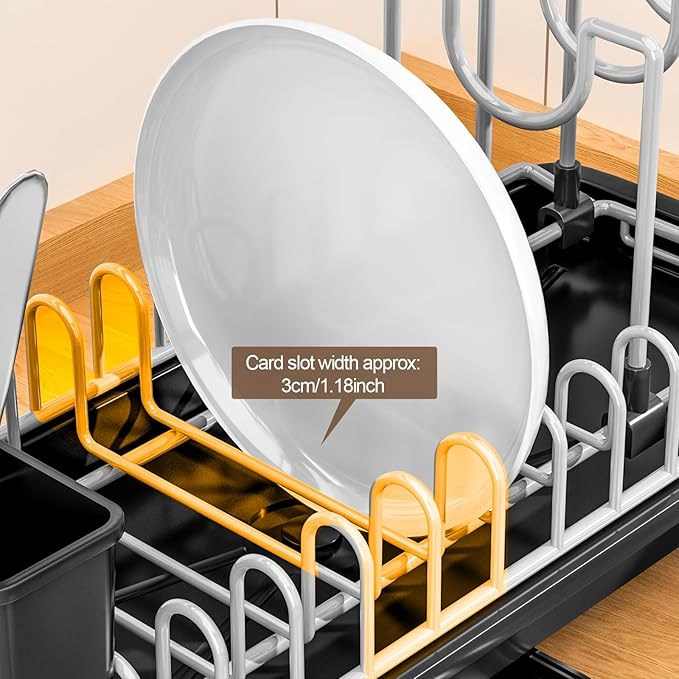 Compact Dish Drying Rack for Countertop, Small-Sized for Dorms, RVs & Tiny Kitchens, Auto-Drain, Adjustable Slots, Rust-Resistant with Utensil Caddy & Sponge Holder (Black)