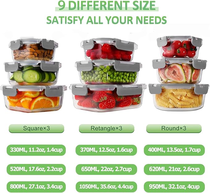 HOMBERKING Glass Food Storage Containers with Lids, [18 Piece] Glass Meal Prep Containers, Airtight Lunch Bento Boxes, BPA-Free & Leak Proof (9 lids & 9 Containers) - Grey