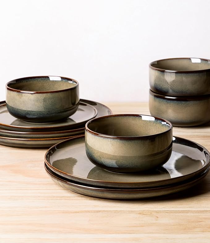 TheTerra Ceramic Dinnerware Sets for 4, 12 Pieces Handmade Reactive Glaze Plates and Bowls Set, Scratch Resistant Dish Set, Oven & Microwave & Dishwasher Safe