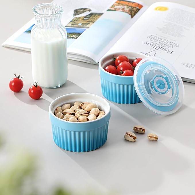 vancasso 6 oz Ramekins with Lid, Porcelain Creme Brulee Souffle Dishes, Blue Pudding Custard Cups Ramiken for Baking, Dishwasher and Oven Safe, Set of 6