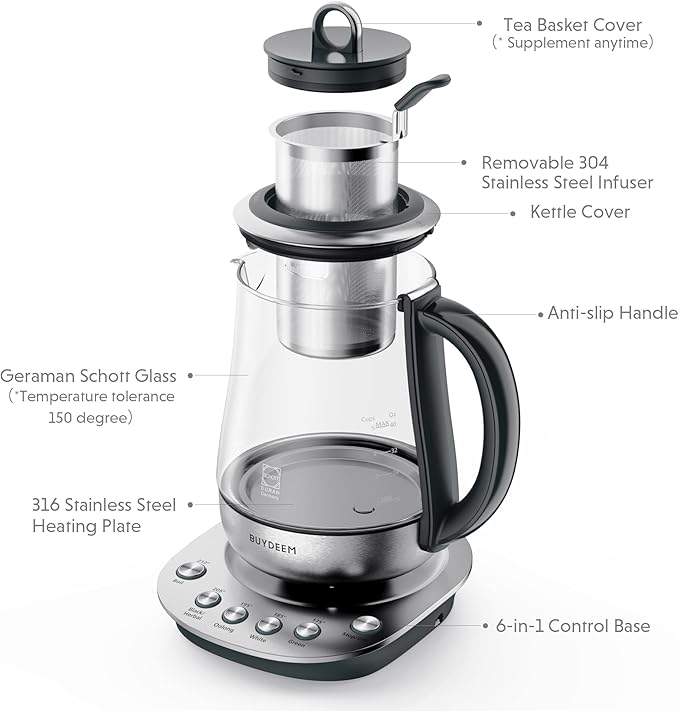 BUYDEEM K2423 Tea Maker, 316 Stainless Steel & Heat Resistant DURAN Glass Electric Kettle, 5 Temperature Settings, Removable Infuser, Auto Keep Warm, 1.2L