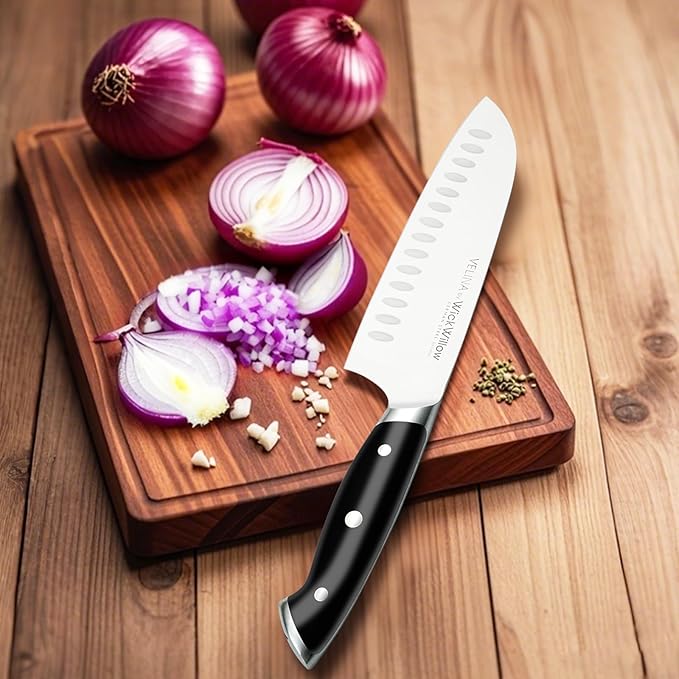 WICKWILLOW 7 Inch Santoku Knife – Razor Sharp German Steel – 7 Inch Kitchen Knife for Slicing, Dicing & Mincing – Hollow Edge & Full Tang – Gift Box – Velina Series