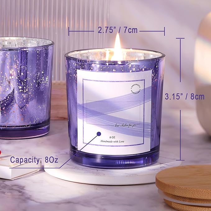 LAMORGIFT 15 Pack Glass Candle Making Jars with Lids (8oz, Purple) - Candle Containers for Making Candles - Mercury Glass Candle Jars Include 20 Pcs Candle Labels