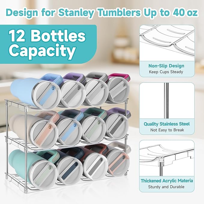 Stackable Water Bottle Organizer, Large Compartment Water Bottle Holder for Stanley 40 oz Tumbler, Kitchen Storage Organizer for Stanley Cup Accessories, Tumbler Organizer Wine Rack - Hold 12 Bottles