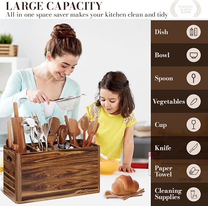 Yirilan Wooden Kitchen Utensil Holder for Counter, Acacia Wood Utensil Holder for Storage Cooking and Silverware with 4 Compartment, Rustic Wooden Organizer Container