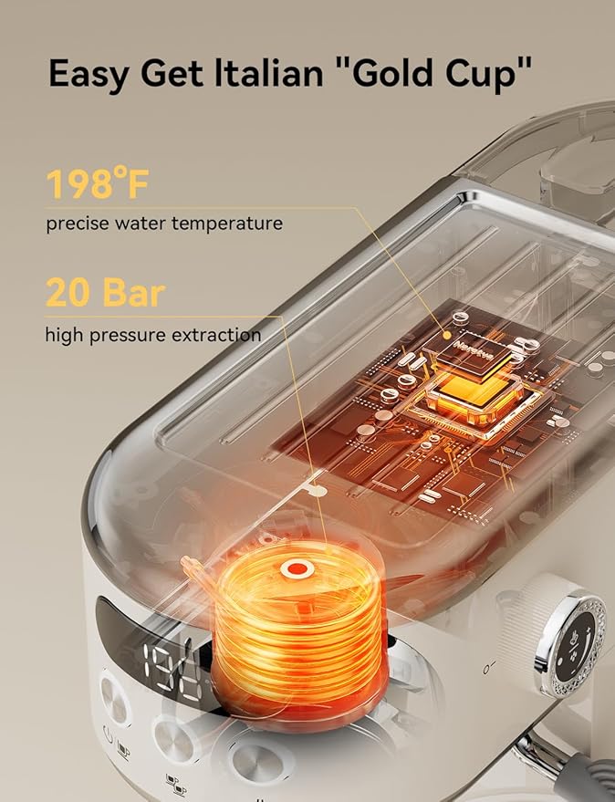 Neretva Espresso Machine 20 Bar, Super Compact Espresso Maker Stainless Steel Professional Espresso Maker Machine with Power Steam & LED Display for Home Barista Latte and Cappuccino Maker-Beige