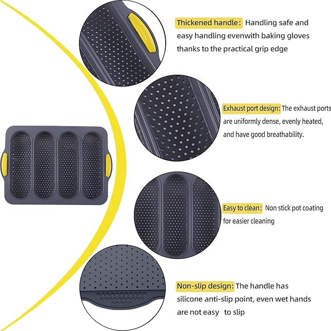4-cavity Silicone Bread Loaf Pan, Nonstick Sourdough Loaf Pan & Heat Resistant Baguette Bread Pan, Bread Pans for Homemade Bread, Silicone Molds for Baking Hoagie Rolls, Sandwich, Hot Dog Buns