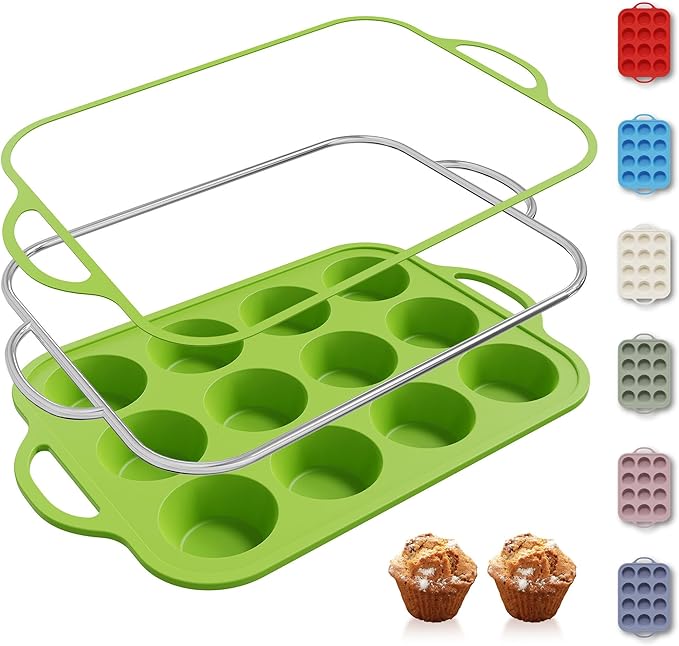 Socisen 12 Cups Silicone Muffin Pan with Metal Reinforced Frame Regular Size Cupcake Pan Tray Egg Bites Silicone Circle Cookie Molds Muffin Tin Tart Pans Baking Sheet Set for Oven Dishwasher Safe