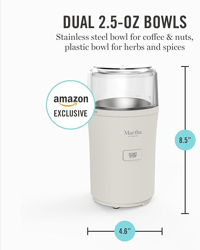 Martha Stewart Electric Coffee & Spice Grinder, Dual 2.5oz Removable Bowls, Storage Lids, Stainless Steel Blades, One Touch Pulse Control, 2-in-1 Compact, Beans & Spices, Herbs & Nuts, Linen White