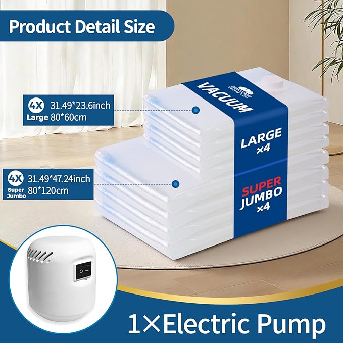 Vacuum Storage Bags with Electric Pump,8 Pack Extra Large Space Saving Vacuum Seal Bags for Bedding,Blanket,Comforters,Duvets,Pillows(4 Large+4 Super Jumbo)