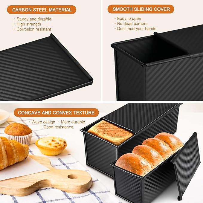 2Pack Large Bread Pan with Lids – 2.2LB Dough Capacity, Non-Stick Carbon Steel Bread Pans for Homemade Sandwich and Sourdough Bread, Corrugated Toast Mold (Black)