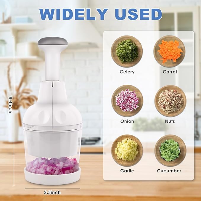 Vegetable Chopper, Food Chopper Manual Hand, Onion, Salad, Garlic, Nut & Veggie Cutter, Dishwasher Safe, White