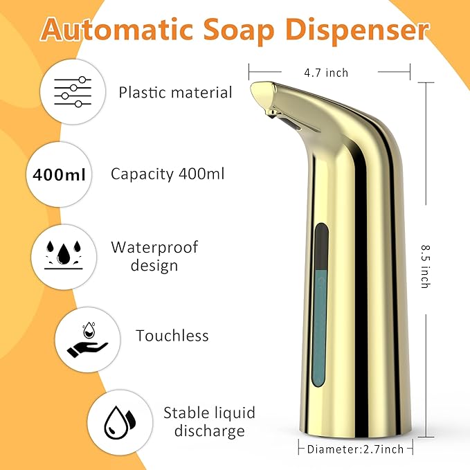 Automatic Soap Dispenser Touchless,400ML Hand & Dish Countertop Electric Liquid Rechargeable Dispenser with Sensor,Modern 4 Gear Adjustable Waterproof Kitchen Auto Soap Pump（Gold）