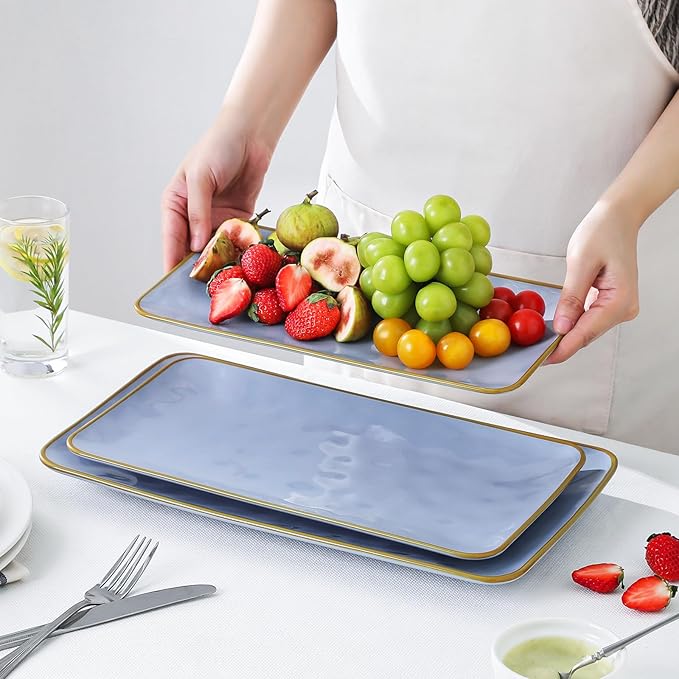 Ceramic Rectangle Serving Platter: 15.6/14.1/12.6 Inch Large Serving Dishes for Entertaining Party, Turkey, Cheese, Sushi, Snack and Dessert, Microwave Dishwasher Safe, Blue
