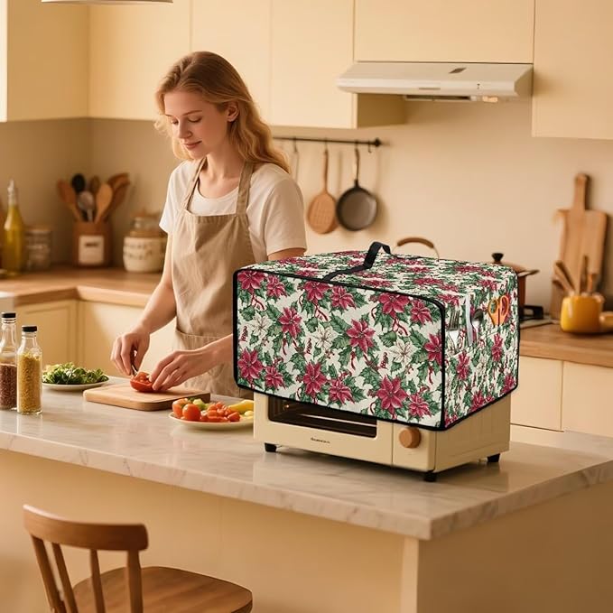 Air Fryer Toaster Oven Dust Cover Dustproof Convection Oven Cover with Side Pockets for Small Kitchen Appliances, M, 16.5 x 20.5 x 10 Inches, Poinsettia Flower Christmas Decor