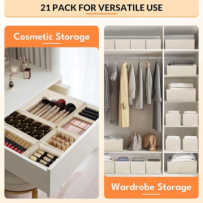 FANS-ONE Drawer Organizer Clothes, 21 Pack Dresser Organizer for Baby Clothes, Underwear, Socks, 3 Sizes Foldable Closet Organization and Storage Bins for Nursery, Bedroom (Light Beige)