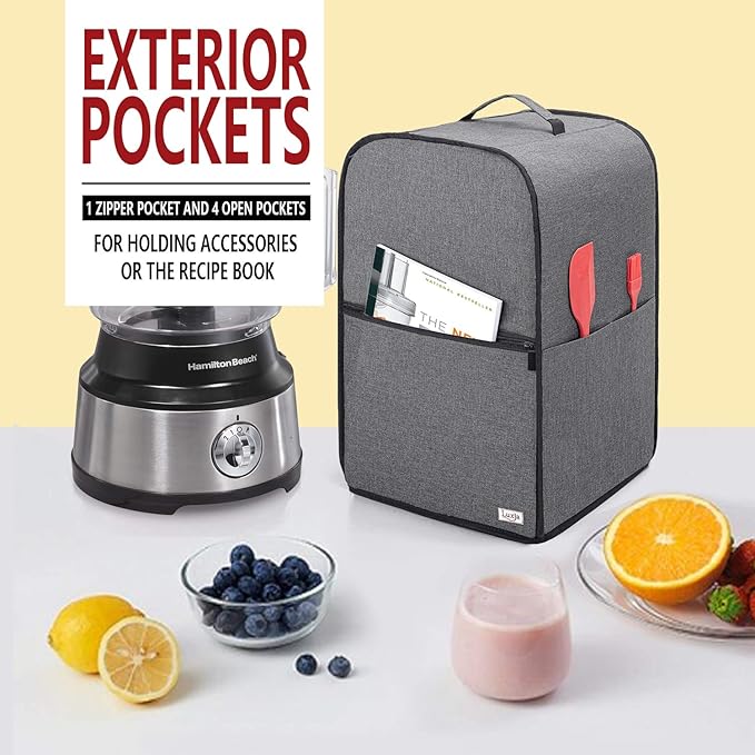 Luxja Food Processor Cover for Cuisinart and Hamilton Beach 10-14 Cup Processor, Food Processor Dust Cover with Accessories Pockets, Gray