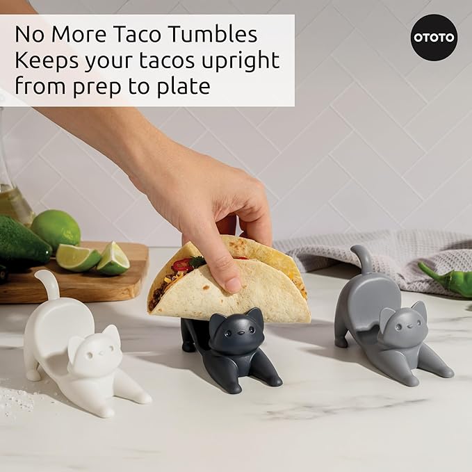NEW - OTOTO Catos Taco Holder Set of 3 - Taco Shell Holder, Taco Stand, Taco Tray, Cute Kitchen Accessories, Weird Gifts, Cooking Gifts, Funny Gifts, Taco Stands for 3 Tacos, Fun Kitchen Gadgets