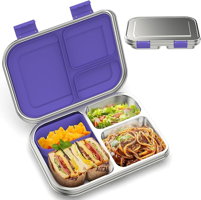 BOSEDSANG Stainless Steel Kids Leak-Resistant Bento Lunch Box, 3-Compartments with Silicone Container, Dishwasher-Safe, Child-Friendly Design for School, Picnics & Travel,BPA-Free(Purple)