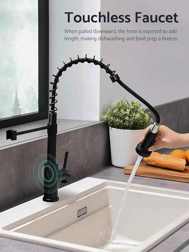 WEWE Matte Black Touchless Kitchen Faucet with Pull Down Sprayer - Motion Sensor Black Kitchen Faucet Spring Single Handle Kitchen Faucets, Stainless Steel Faucet for Kitchen Sink