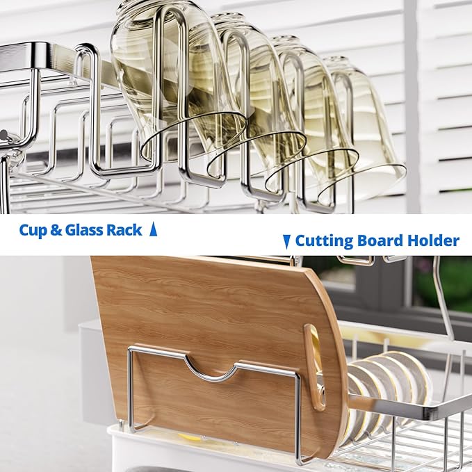 Godboat Dish Drying Rack, 2-Tier Dish Rack with Auto-Drain & Mat, 304 Stainless Steel Dish Racks for Kitchen Counter, Dish Drainer with Knife, Fork & Cup Rack, Gifts for Women, Mothers Day, Silver