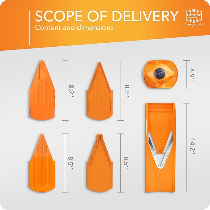 Mandoline Food Slicer Börner V1 (Starter Set) by Reston Lloyd • V-Slicer with 3 Blade Inserts & Food Holder • Made in Germany • Fruit & Vegetable Chopper • Multiple Settings • Color: Orange