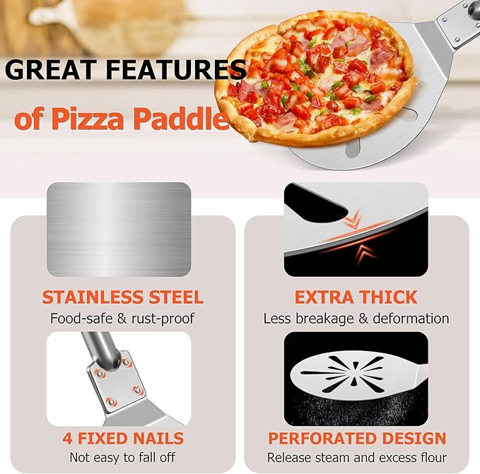 9 Inch Pizza Peel Turning, Joyfair Perforated Pizza Turner with Long Detachable Handle, Stainless Steel Spatula Paddle for Rotating Sliding, Metal Tools Oven Accessories, Easy Cleanup (Painted Handle)