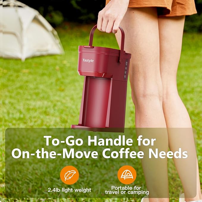 Tastyle Single Serve One Cup Coffee Maker, for K Cups and Grounds, Mini Coffee Maker with Portable Handle, 6 to 12 Oz Brew Size, for Travel, Camping, Office, RV and Dorm, 120V, Vintage Red