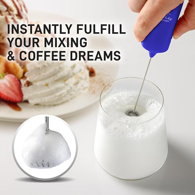 Mini & Mighty Milk Frother Wand – Powerful Handheld Coffee Frother, Battery Operated Drink Mixer – Compact Pocket Size – Detachable Whisk for Latte, Cappuccino, Matcha, Hot Chocolate – Royal Blue