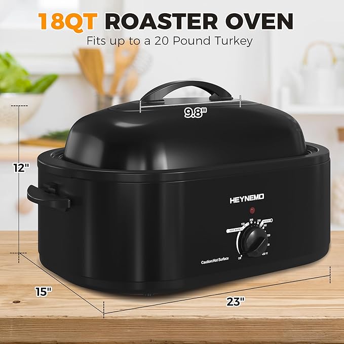 20Qt Roaster Oven Buffet with Self-Basting Lid, 1450W Stainless Steel Electric Turkey Roaster Oven with Cool-Touch Handles, Removable Pan and Rack, Black
