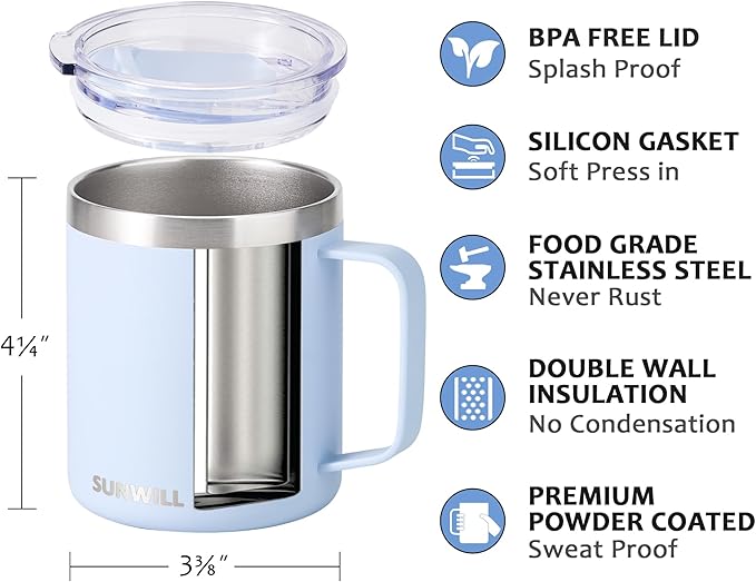 SUNWILL Insulated Coffee Mug with Lid, Travel Tumbler with Handle, 14 oz Stainless Steel Cup for Camping, Office, Home, Powder Coated Iceberg