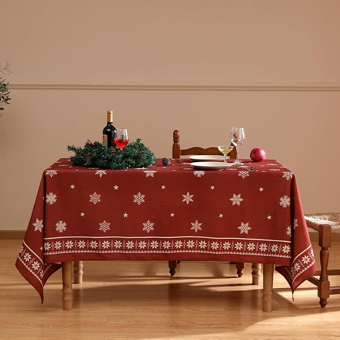 ISAENNE Designer Christmas Red Extra Long Rectangle Tablecloth,Linen Table Cloth with Snowflakes Pattern,Wrinkle Resistant Decor Tablecloths for Dining Kitchen Thanksgiving,63"*110"-Carol C