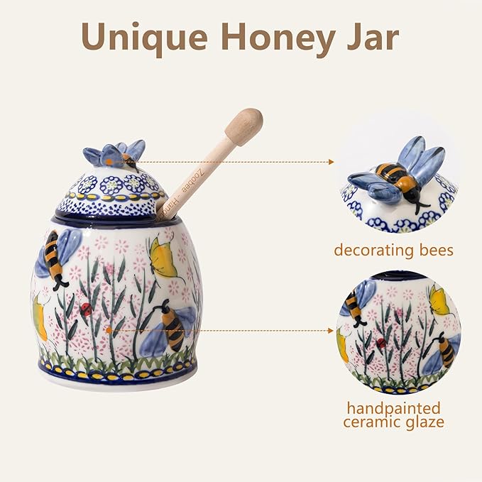 ZOOBEE 10oz Ceramic Honey Pot with Dipper and Lid, Handpainted Honey Dispenser with Bee-Themed, Dishwasher-safe Honey Jar for Kitchen-Lavender Allure
