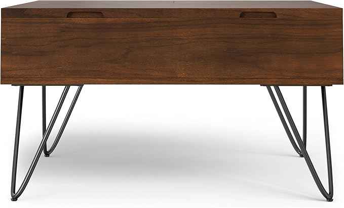 SIMPLIHOME Hunter Lift Top Coffee Table - 32 inch Wide Walnut Veneer and Metal Industrial Square Cocktail Table, Living Room Table with Dual Lift Tops, Hidden Storage and Hairpin Legs