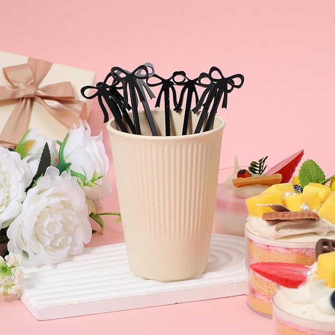 20Pcs Cocktail Stirrers, Black Bow Acrylic Drink Stirrers, 6 Inch Long Reusable Plastic Stirrer for Wedding Birthday Bridal Bachelorette Party Cocktail Cupcake Decorations Supplies