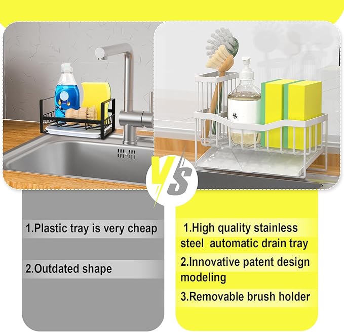 Maifan Sink Caddy Sponge Holder for Kitchen with Brush Holder and Stainless Steel Self Drain Tray, Rustproof Kitchen Sink Organizer for Sponge, Soap Dispenser Storage Accessories