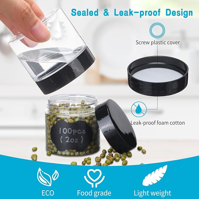 Mimorou 100 Pcs 2 oz Plastic Jars with Lids Wide Mouth Round Clear Containers with Black Label Pen Refillable Airtight Travel Storage Leak Proof Small Jars for Storing Dry Food Spice Cookie Candy