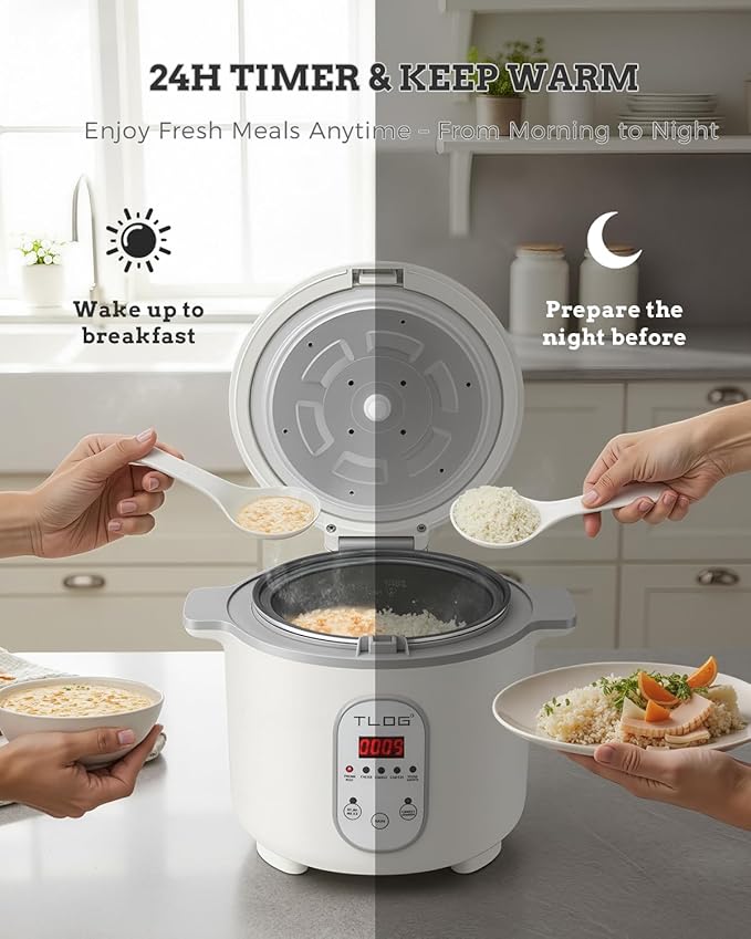 TLOG Low Carb Rice Cooker 2L(8 Cups Cooked), Low Sugar Healthy Rice Maker with 304 Stainless Steel Steamer Basket, 5 Cooking Presets, 24H Timer & Keep Warm Function