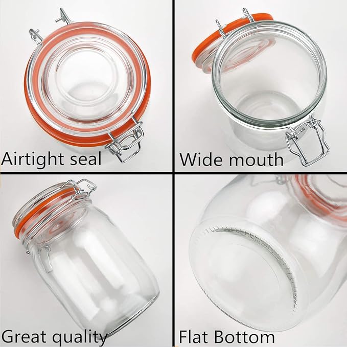 Glass Jars 32oz,Airtight Glass Food Storage Jar with Clamp Lid,1000ml Rounded Airtight Canister with Leak Proof Rubber Gasket,Clear Glass Kitchen Jars for Dry Food,Cereal,Beans,6 Pack