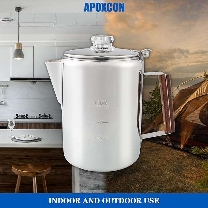 APOXCON Coffee Percolator Camping Coffee Pot Stainless Steel with Glass Knob Using on any Stovetop - NO Aluminum NO Plastic (9 Cup)