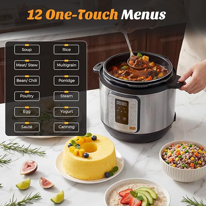 NEWBULIG 16-in-1 Electric Pressure Cooker, 6QT Multi Cooker with 12 Presets, Slow Cook Rice Steamer Sauté Soup Meat Stew Canning Yogurt Maker, Ceramic Inner Pot & Recipe Book Included, Silver