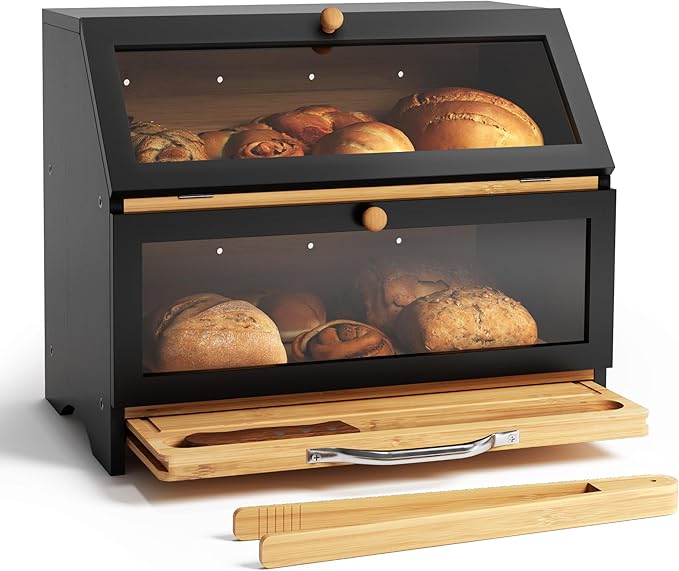 MAISONPEX Double Layer Bamboo Bread Box for Kitchen Countertop, Large Capacity, Cutting Board, Stainless Steel Bread Knife, Double Layer Storage Container with Clear Windows, Black