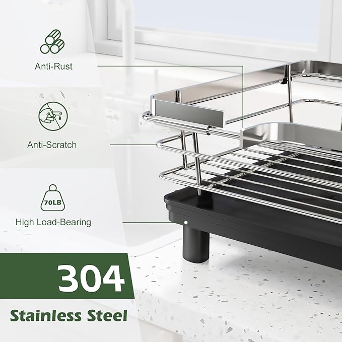In Sink Dish Drying Rack, Expandable Over The Sink Dish Rack for Small Kitchen, Space Saving Stainless Steel Dish Drainer with Utensil Holder, 14.1"-21.2" L x 11"W, Small Plate Dryer Strainer, Silver