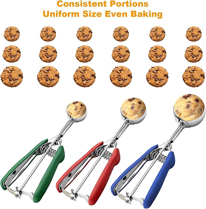 Cookie Scoop Set of 3,Color-Coded Cookie Scoops for Baking with Engraved Sizes,18/8 Stainless Steel Ice Cream Scoop with Non-Slip Soft Rubber Handles,Dough Scoopers for Cupcakes,Meatballs,Muffins