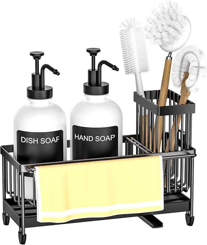Kitchen Soap Dispenser Set with Sponge Holder and Towel Rack, 17OZ Glass Bottle, Hand and Dish Soap Dispenser Set, Non-Slip Silicone Pad, Brush Holder, Kitchen Sink Caddy Organizer Countertop (White)