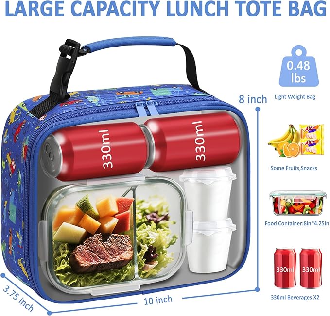 Lunch Box Kids Insulated Lunch Bag for Boys Girls Cute Reusable Lunch Tote Bag Waterproof Portable Thermal Lunch Box Kids for School Picnic Travel Blue Car