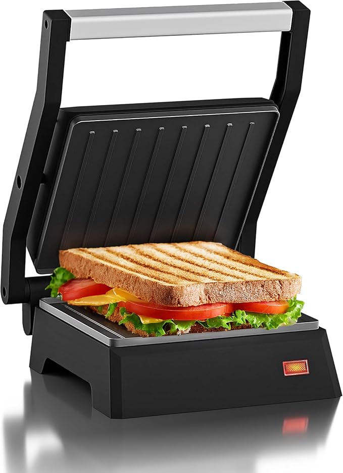 Elite Gourmet EPN160X 5.5 x 5.3" Multifunctional, Compact Electric Panini Press, Contact Grill, 180° Flat Grill, Lightweight, Floating Top-plate, Cool-touch Handle Non-Stick Surface, Black