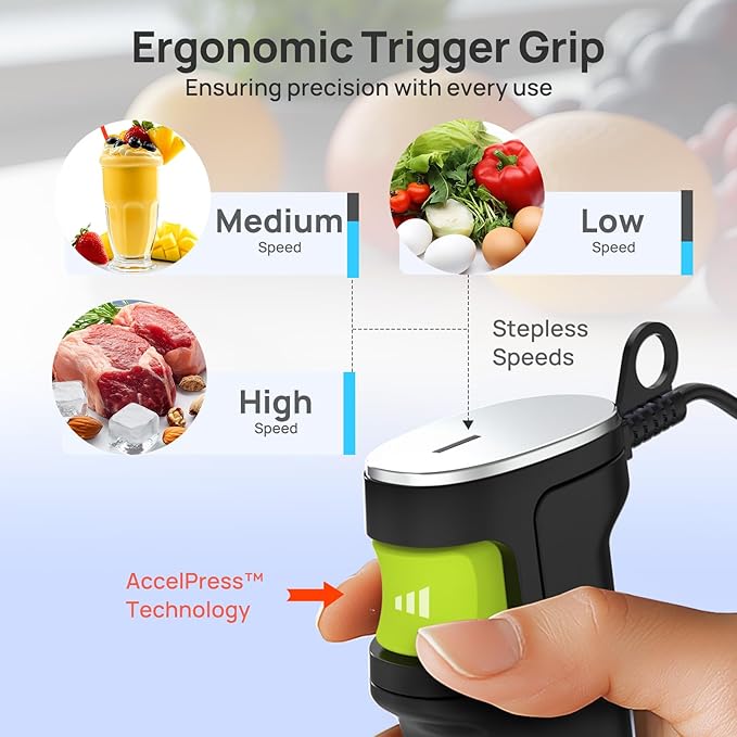 Consciot 4 in 1 Immersion Hand Blender Max 1100W, Corded Stick Emulsifier with Entire Stainless Steel Blender Shaft, Trigger Speed Control, For Blending, Beating, Frothing, Mixing & More, Non-BPA